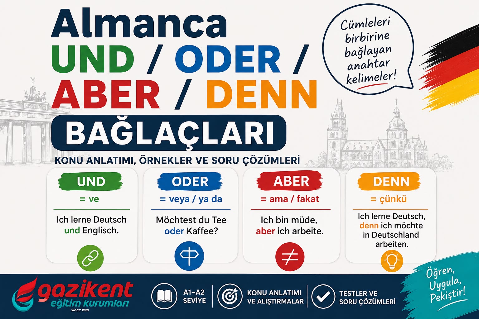 Almanca UND / ODER / ABER / DENN Bağlaçları: Kullanımı, Farkları ve Soru Çözümleri