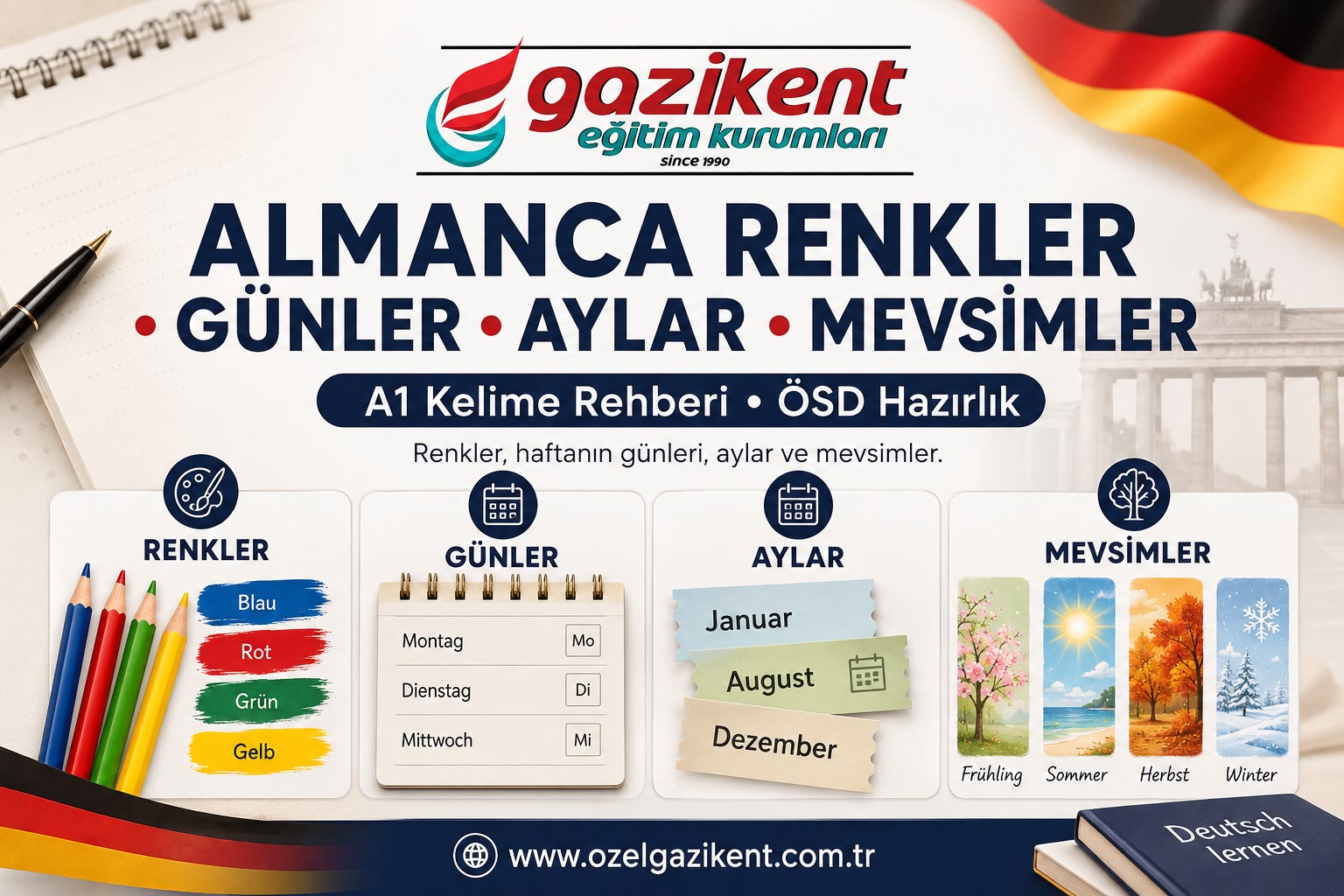 Almanca Renkler, Günler, Aylar ve Mevsimler | A1 Kelime Rehberi ve ÖSD Hazırlık