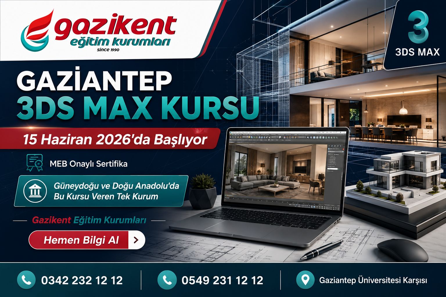 Gaziantep 3Ds Max Kursu 15 Haziran 2026’da Başlıyor | MEB Onaylı Sertifika